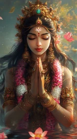 Lotus crowned goddess in tranquil riverlight devotion.
