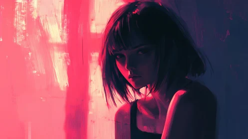 Neon-lit portrait of pensive girl in bold magenta shadows.