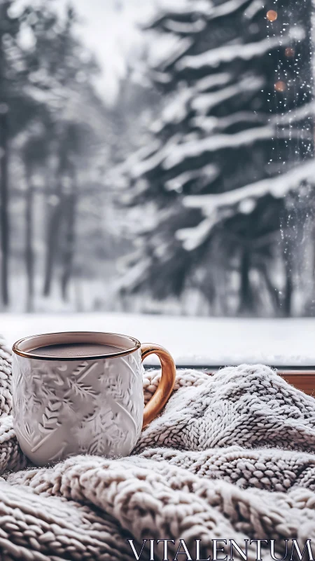 Mug of hush-warm cocoa guarding a snow-muted forest window.
