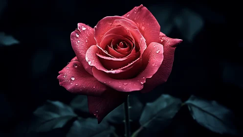 Deep Red Rose with Water Droplets Against Dark Foliage