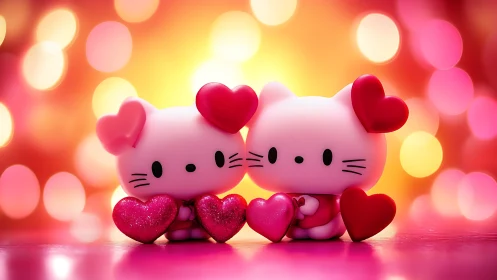 Twin Kawaii Felines with Crimson Hearts in Bokeh Ambient Environment.
