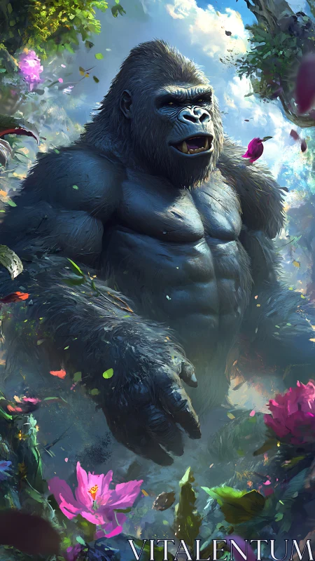 Colossal gorilla strides through luminous jungle bloom.