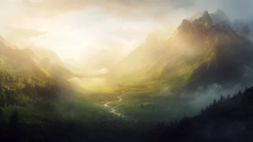 Digital painting of luminous alpine valley with misted peaks.