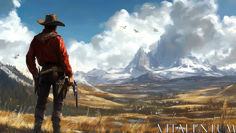 Lone gunslinger surveys vast snowy mountains and valley