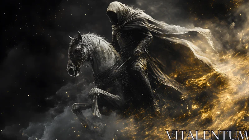 Hooded mounted figure moves through dense swirling particles