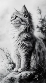 Majestic Long-Haired Feline in Pencil Graphite Study