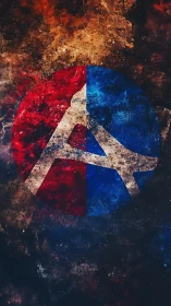 Bold split-circle emblem in red, blue, and weathered grit.