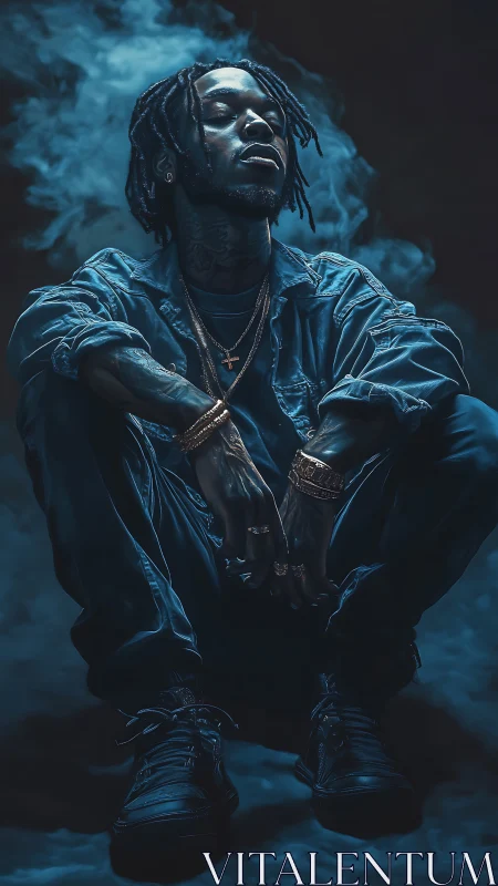 Moody blue portrait of a reflective man wrapped in smoke.
