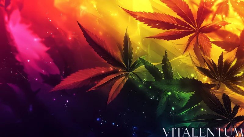 Multicolor cannabis leaves on radiant bokeh gradient background