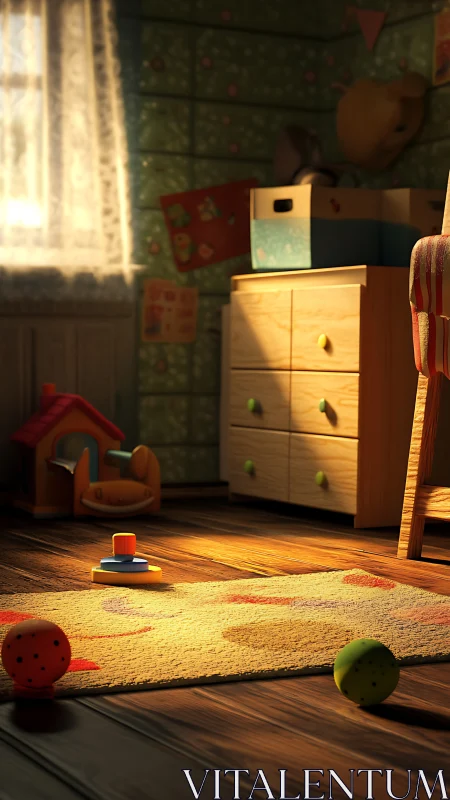 Sunlit nursery floor where quiet toys dream in dust motes.