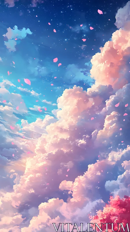 Vertical digital sky scene depicts stratified clouds and petals
