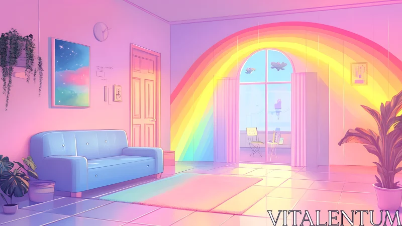 Rainbow arcs across pastel living room with bright window