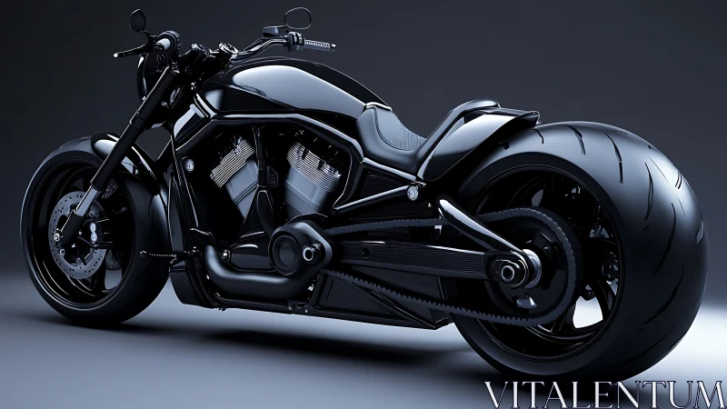 Stealth black custom motorcycle glows under studio lights.