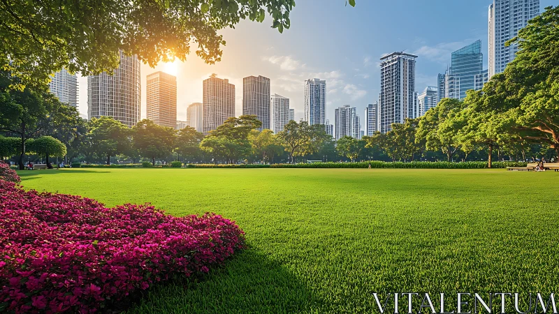 Sunlit urban park lawn framed by skyscrapers and flowers.