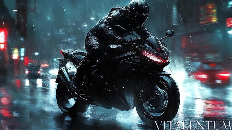 Motorcyclist cuts through neon city rain in cinematic motion