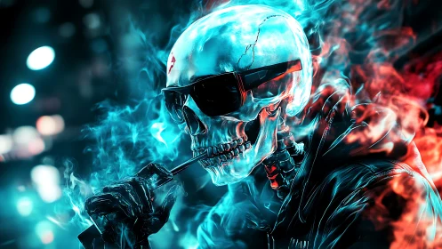 Neon-lit cyber skull enjoys a cool moment in glowing smoke