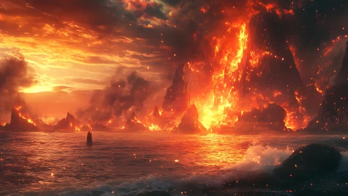 Volcanic Eruption Seascape: Pyroclastic Inferno Meets Turbulent Ocean.