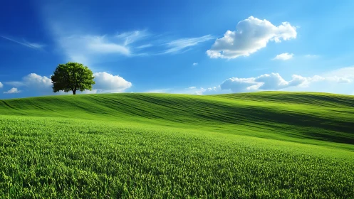 Solitary hilltop tree crowned by rolling emerald sunlight.