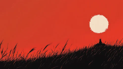 Samurai silhouette in tall grass under stark red sky.