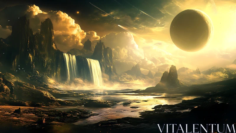 Alien landscape with waterfalls and large sunlit planet.