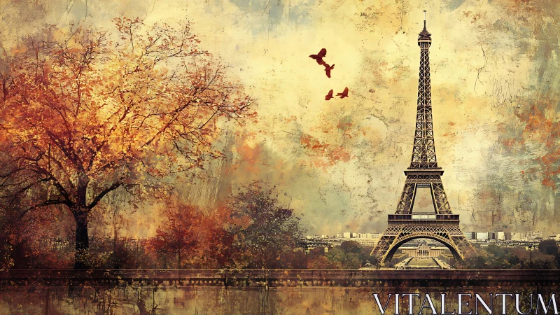 Autumn tree and Eiffel Tower in textured Paris scene.