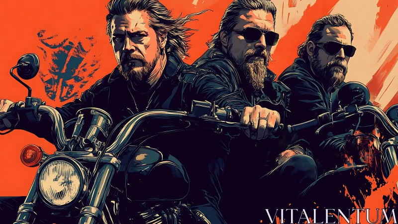 Bearded bikers ride powerful motorcycles against orange sky