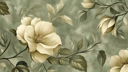 Ivory Petals Dance: Botanical Symphony in Soft Sage