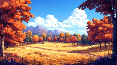 Crimson maples ring a golden valley beneath wandering clouds.