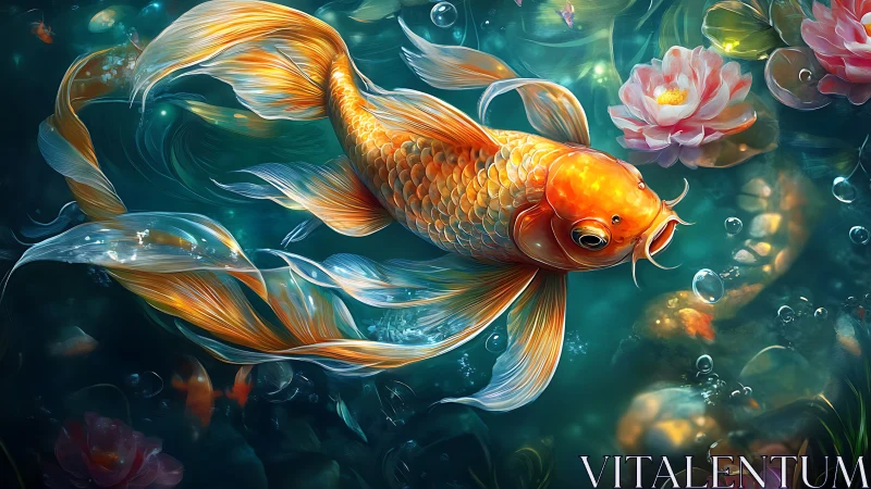 Luminous koi carp gliding through teal pond with lotus blooms.