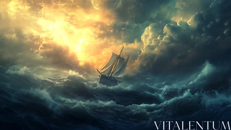 Storm-tossed sailboat leans bravely toward glowing horizon light