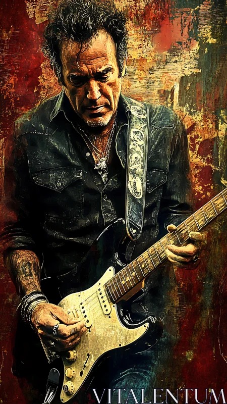 Electric guitarist in textured grunge digital portrait art.