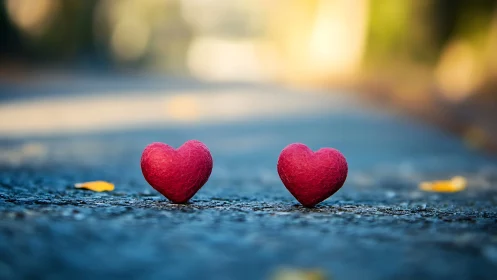 Twin Carmine Hearts Positioned on Asphalt Surface with Selective Focus.