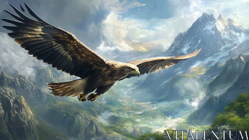 Majestic Eagle Soaring Over Mountain Landscape in Realistic Art.