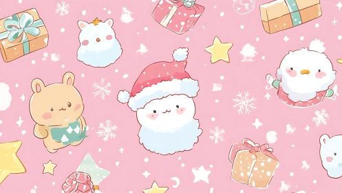 Candyfloss critter Christmas with pastel snow and presents.