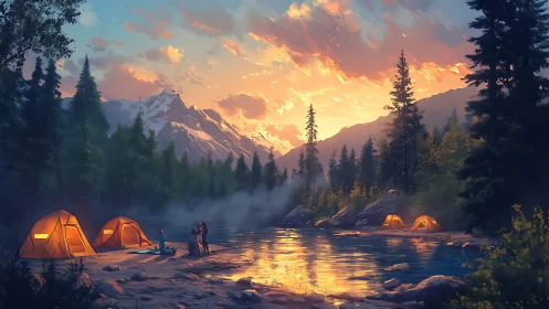 Sunset camping tents glow beside a tranquil mountain lake