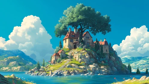 Clifftop Castle Estate with Towering Oak and Mountain Vistas.