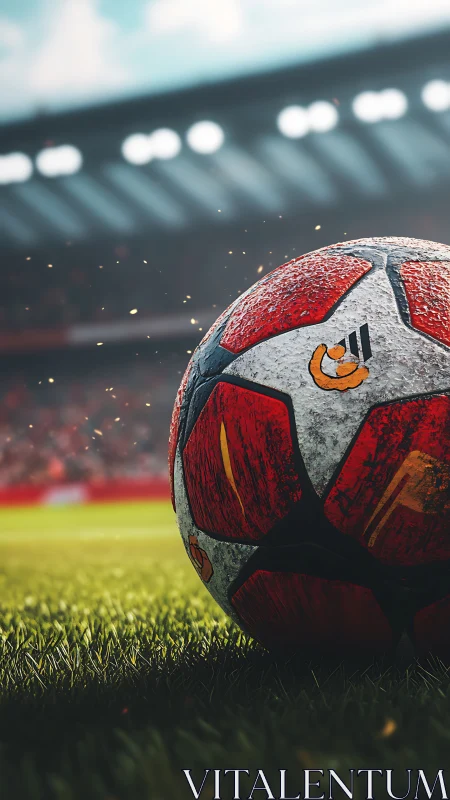 Weathered red football rests on lush stadium grass.