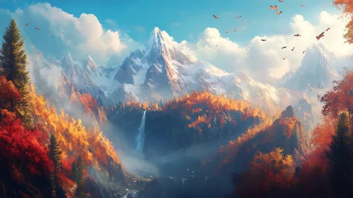 Snow-capped mountain range above autumn forest valley.