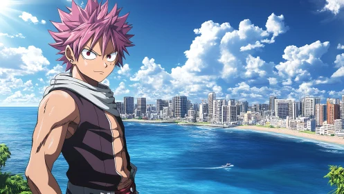 Pink haired anime fighter overlooks sunlit coastal city