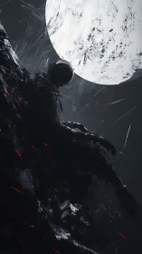 Solitary astronaut silhouette drifts beneath fractured moon
