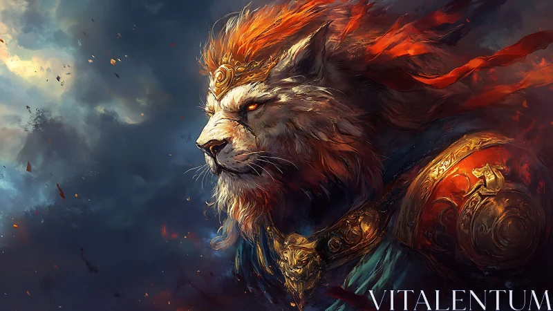 Armored lion warlord with flaming mane rendered in dynamic strokes