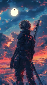 Lone armored warrior contemplates a burning neon twilight sky