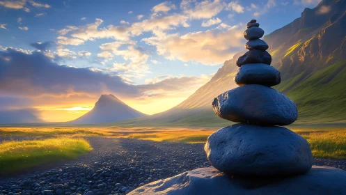 Balanced stone cairn overlooking glowing mountain valley.