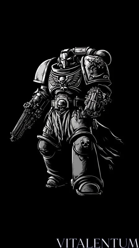 Grim midnight space knight strides through voided silence.