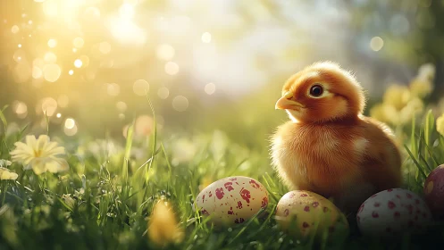 Young chick sits among patterned eggs in soft field light