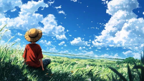 Backlit boy in straw hat observing cumuliform cloudscape over meadow
