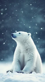Polar bear in snowfall on compacted arctic snow surface.