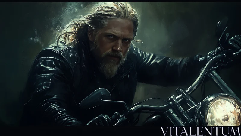 Brooding biker rides through stormy cinematic darkness.
