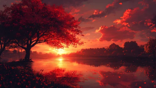 Crimson lakeside sunset with glowing autumn foliage.