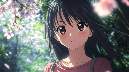 Anime girl under cherry blossoms in soft forest light.